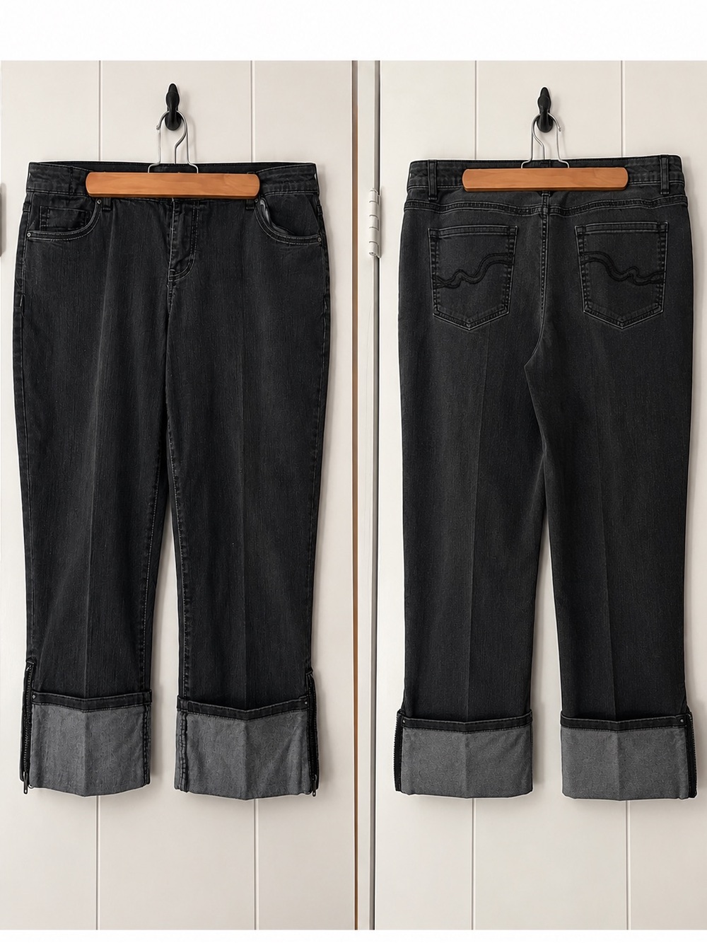 ☀️2/$20 Baccini Black Cropped Ankle Jeans Capris | Zippered Cuffed Hem | Size 12